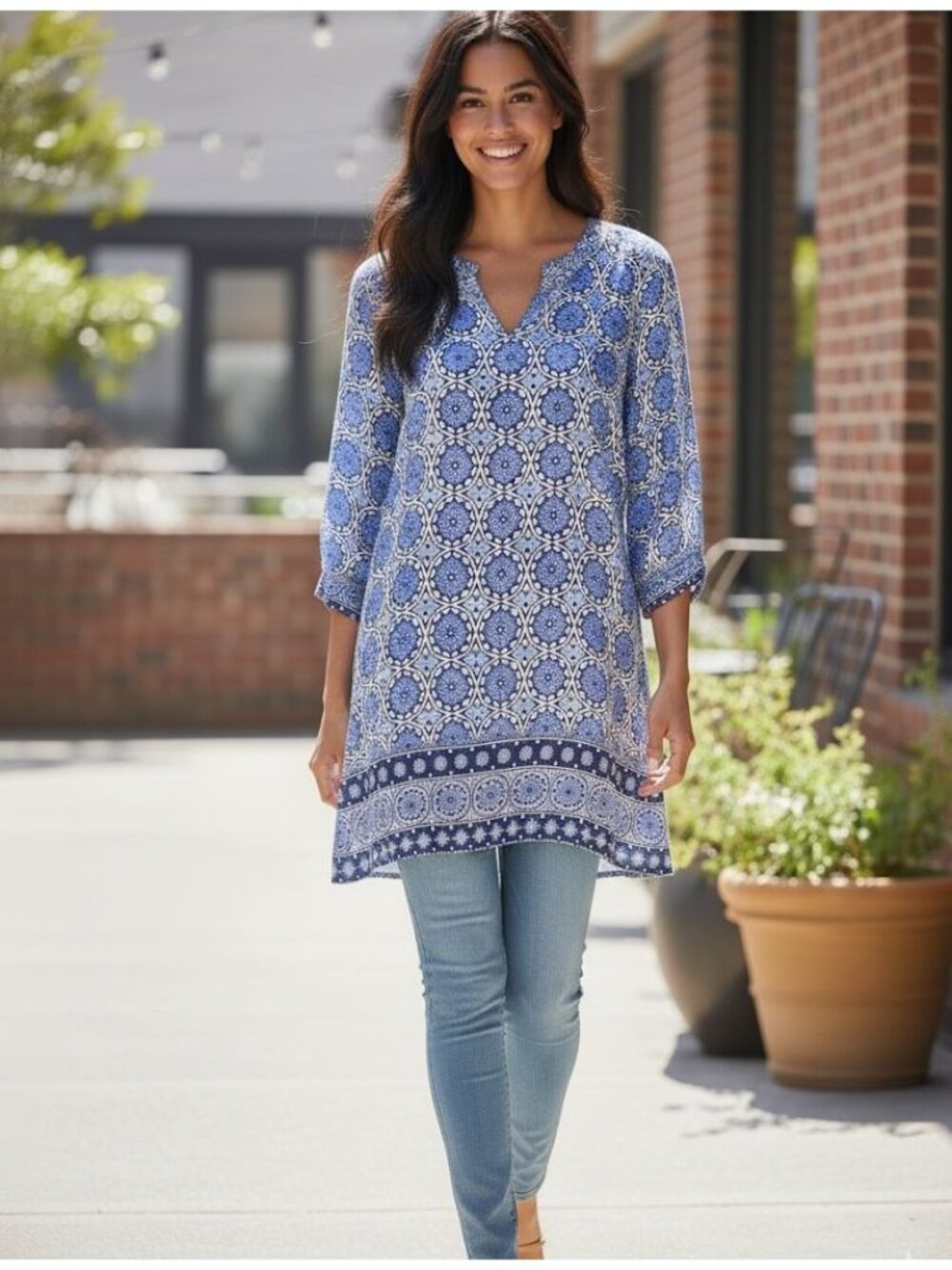 14th & Union Womens Blue Printed V-Neck 3/4 Sleeve Tunic Top M 100% Rayon Made I
